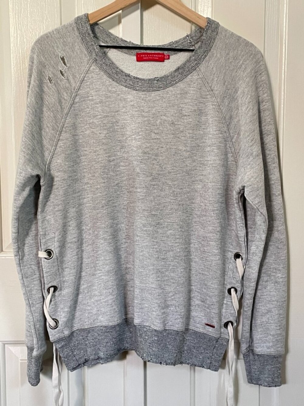 n:Philanthropy Mika Distressed Lace Up Sweatshirt Gray Medium